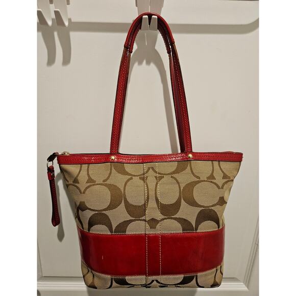 Coach Purse: Beige Signature Canvas + Red Patent Leather, Authentic Zipped Tote - Picture 2 of 13
